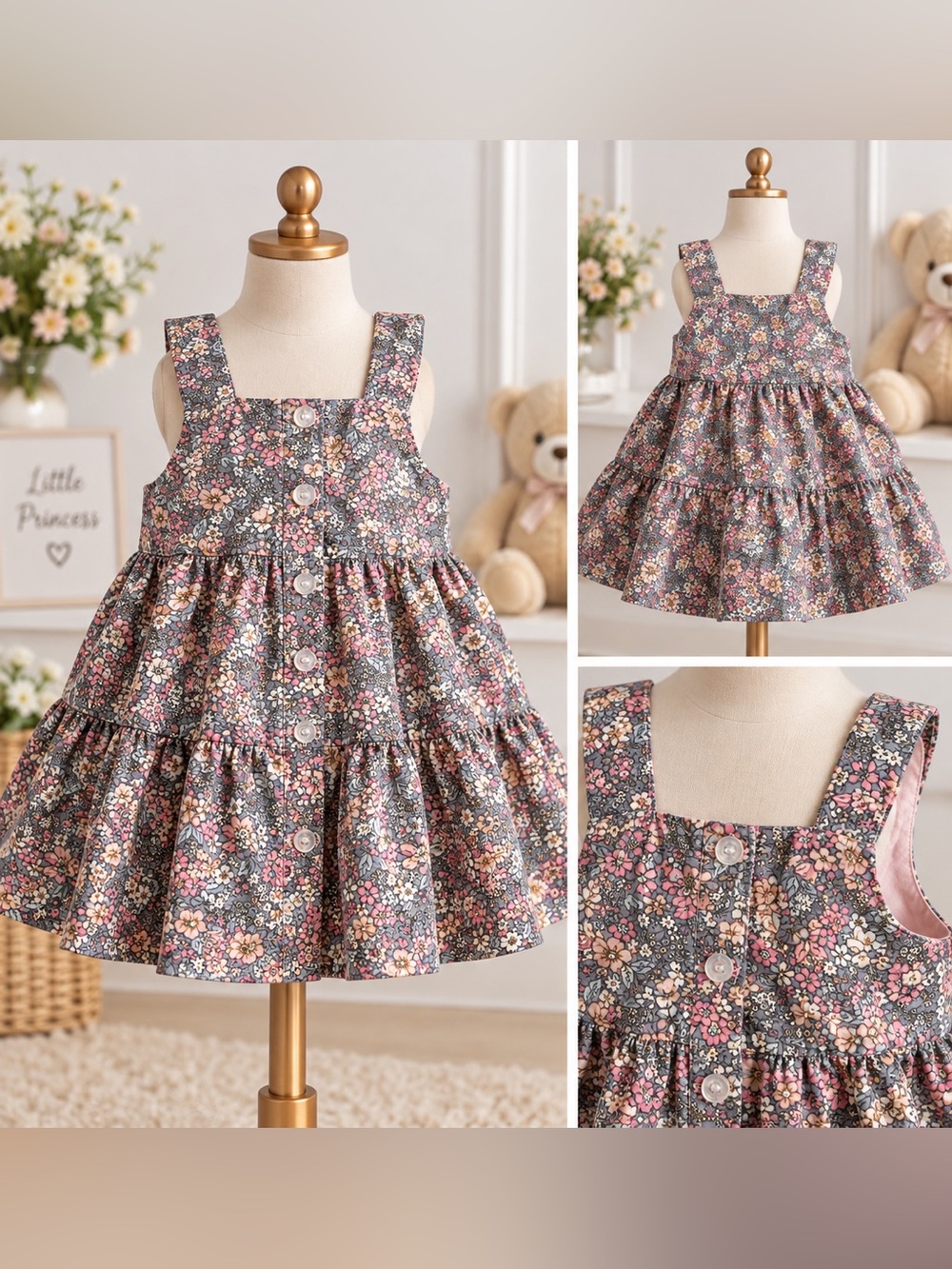 BISBY Girls 12-18M Floral Dress 100% Cotton Pink Gray Button Front